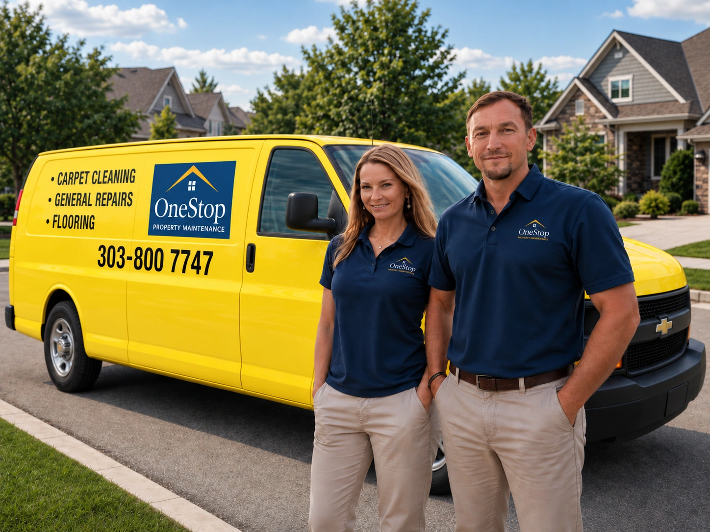 OneStop Property Maintenance team standing in front of their branded carpet cleaning van in a Denver neighborhood