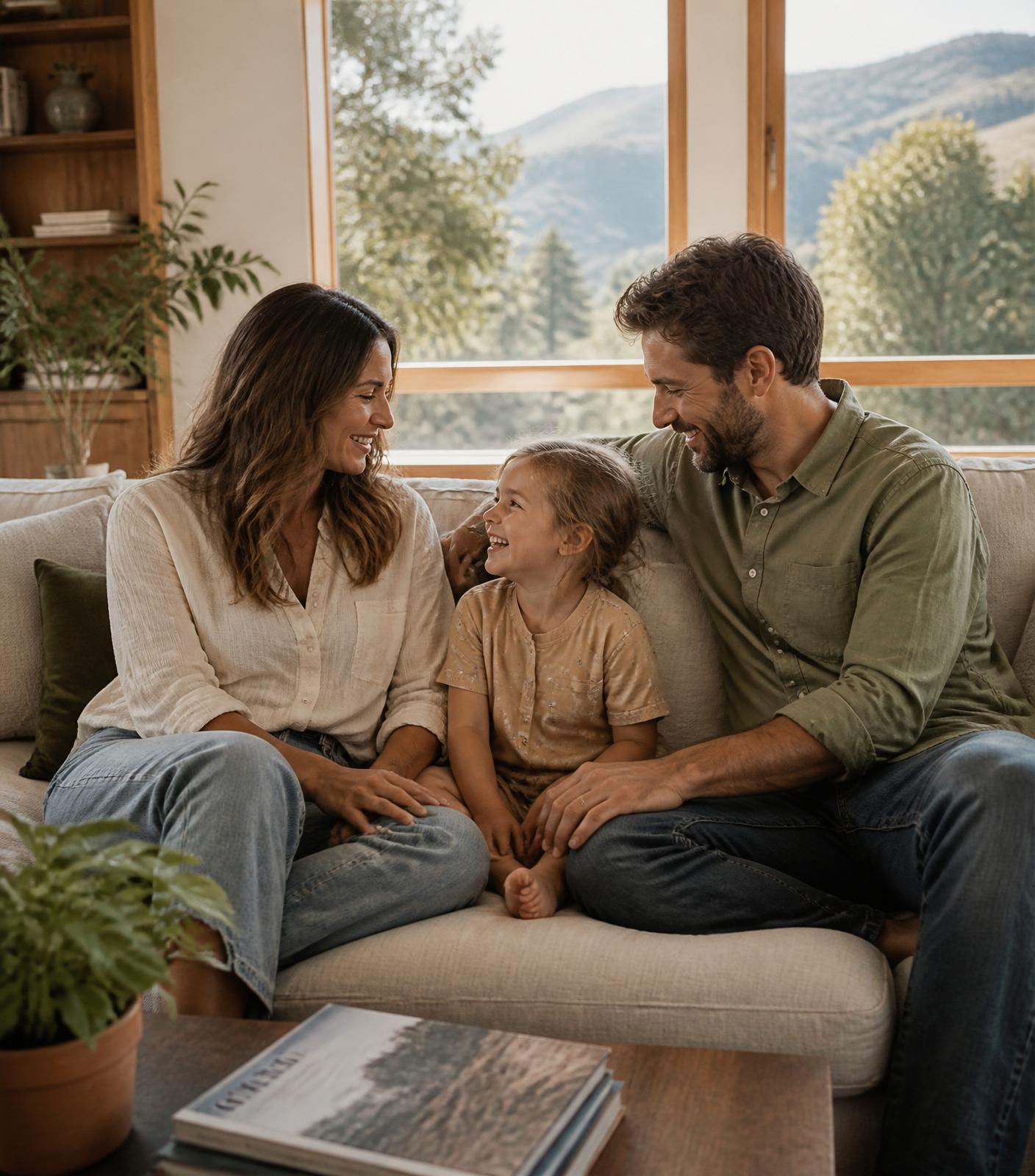 Colorado family relaxing together in a sunlit modern living room